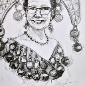 detail: Sigrid van Roode, Ethnic & Archaeological Jewellery Researcher, portrait with Zar jewellery, 40x30 cm, pencil on paper